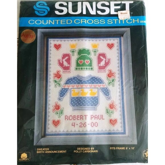 Cross Stitch Kit Sunset Sweater Birth Announcement 8x10 Polly Carbonari Counted - Picture 11 of 11